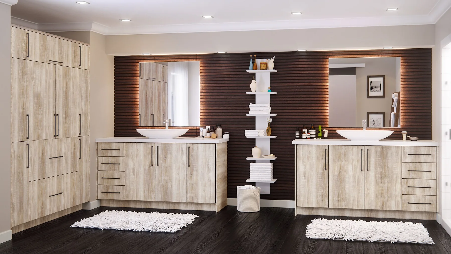 Wood-grain bathroom cabinetry with a central makeup counter and tall linen storage