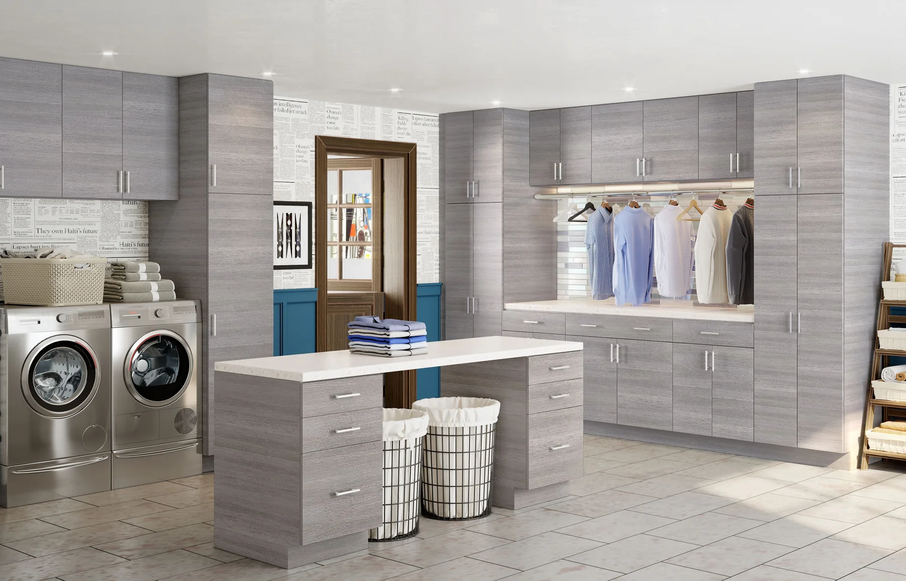 Laundry room with wood-grain cabinetry, hanging space and a central folding island